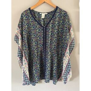 American Rag Women Navy Floral Geometric Patchwork Kaftan Top Crochet Trim 2X